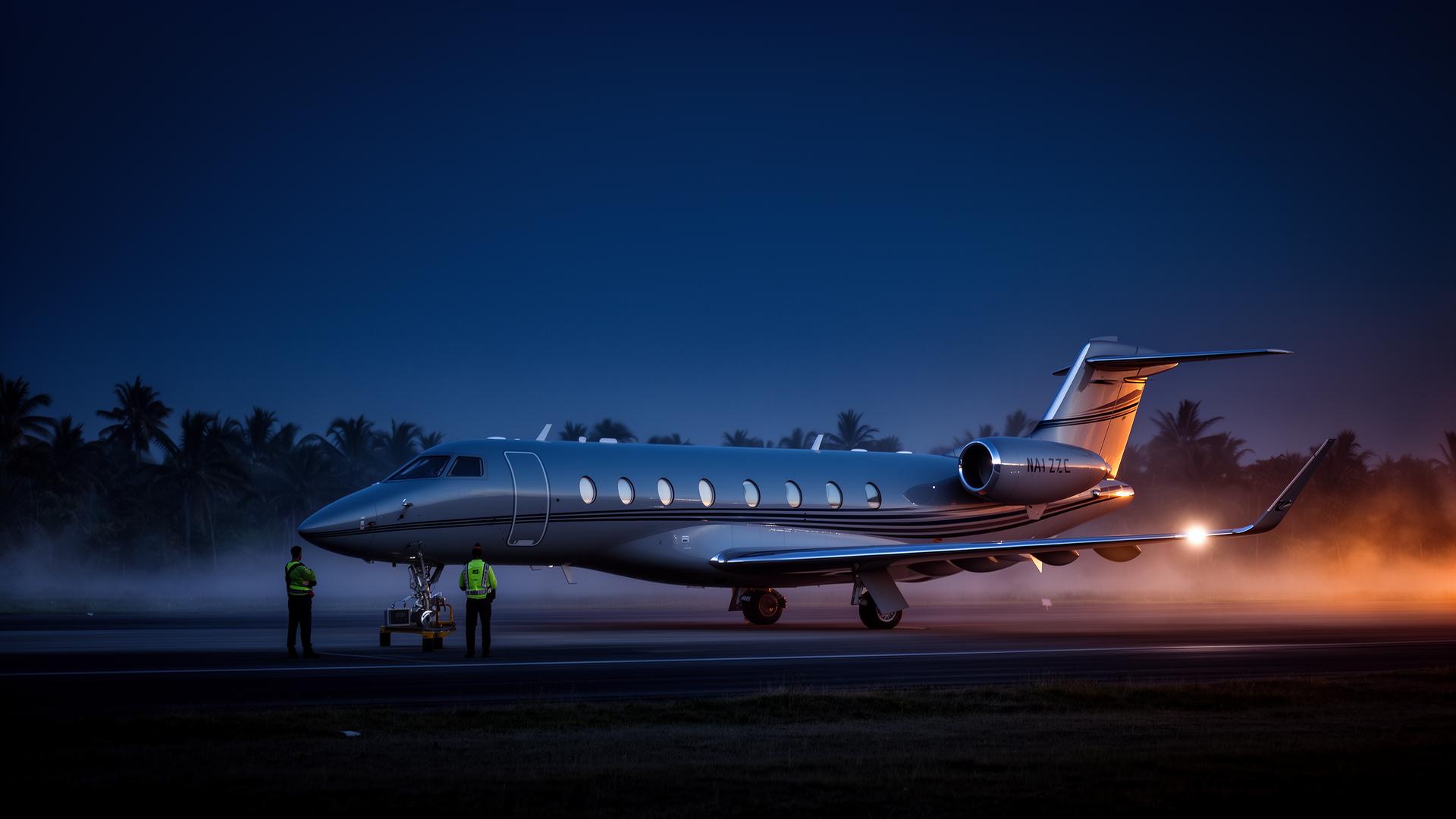 Business jet on remote airstrip at dusk
